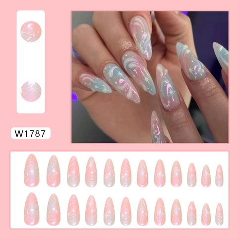Uñas Postizas De Almendra Perla Artificialdo Rosa Azul Degradado Patrón De Estrella Plástico ABS Uñas Portátiles Para Mujeres