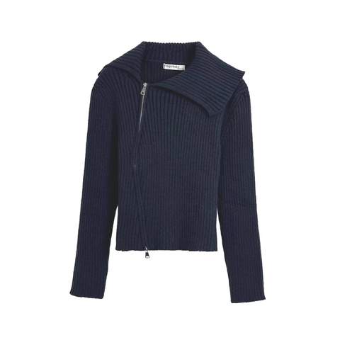 Women Ribbed Knit Sweater Asymmetric Lapel Diagonal Zipper Long Sleeve Slim Fit Solid Navy Blue Cardigan