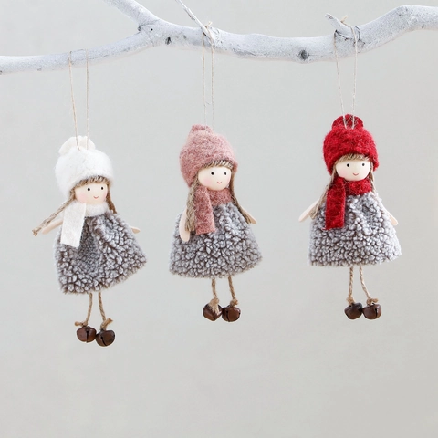 Christmas Angel Girl Hanging Ornaments Knitted Wool Lamb Fleece Fabric With Metal Bells Handmade Holiday Tree Decor Cute
