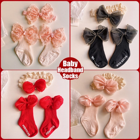 Bandeau Bébé Et Chaussettes Anti Dérapantes Noeud Dentelle Florale Maille Serre Tête Coton Côtelé Bas Pour Nourrissons Tout Petits Filles Photographie Style Princesse