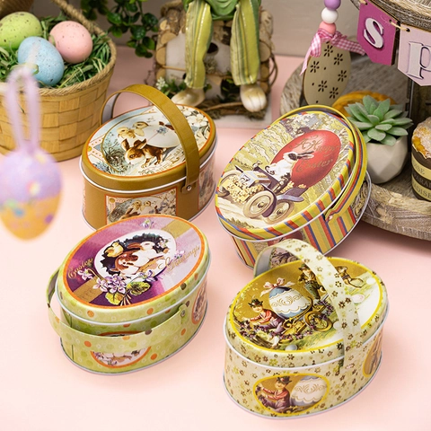 Scatola In Latta Di Pasqua Contenitore Ovale Con Manico Motivo Coniglio Uovo Vintage Confezione Regalo Per Caramelle Decorazione Festa