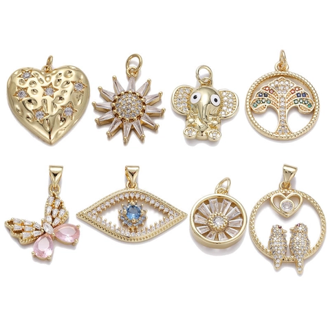 Tree Of Life Heart Elephant Butterfly Evil Eye Pendants DIY Jewelry Accessories Copper Zircon Gold Plated Necklaces