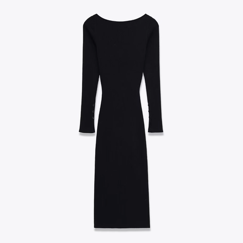 V-Neck Long Sleeve Rib-Knit Midi Dress Bodycon Button Down Slit Polyester Elegant Casual Sexy Women Slim Fit