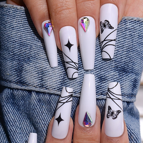 Uñas Postizas Largas de Ataúd Con Diseño de Mariposa y Estrellas Diamantes de Imitación Acrílico Bailarina Uñas Postizas Para Mujer Manicura