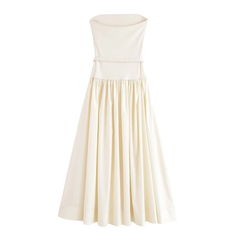 Women Sexy Strapless Pleated Maxi Dress With Belt Elegant Solid Color Sleeveless Tube Top Party Cocktail Long Dress