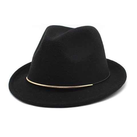 Elegant Fedora Hat Woolen Felt Jazz Cap With Gold Metal Buckle Retro Wide Brim Unisex Fashion Autumn Winter