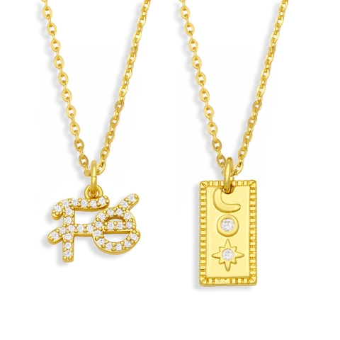 Fé Symbol Star Moon Pendant Necklace 18K Gold Plated Copper Inlaid Cubic Zirconia Boho Chic For Women