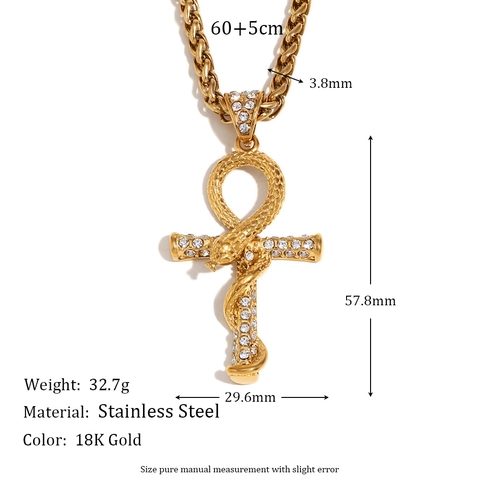 Collana Pendente Croce Ankh Serpente In Acciaio Inossidabile Placcato Oro 18K Strass Gioielli Egiziani Uomo