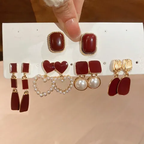 Vintage Elegante Weinrote Emaille Herz Quadrat Ohrstecker Mit Künstlicher Künstliche Perle Und Silbernem Ohrstift Damen Schmuck