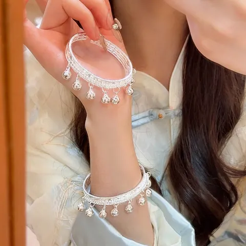 Open Cuff Bracelet Silver Color Alloy Braided Texture With Hanging Bell Charms Retro Chinese Style Elegant Jewelry For Women