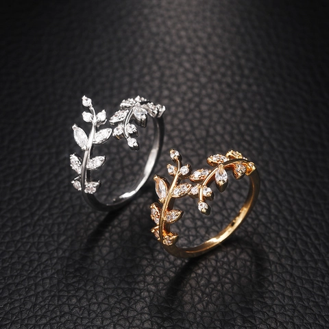 Elegante Anillo de Hoja de Cobre Ajustable para Mujer Incrustado con Circonia Anillo Abierto Estilo Bosque Joyería de Moda