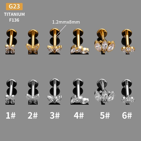G23 Titanium Labret Stud Piercing Internally Threaded Flat Back Zircon Cartilage Earring Butterfly Flower Body Jewelry