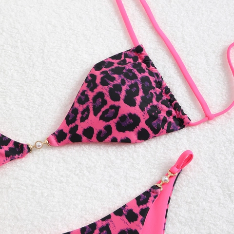 Women Bikini Top And Bottom Leopard Print Floral Pattern Spaghetti Strap High Cut Sexy Beachwear With Artificial Pearl Accents