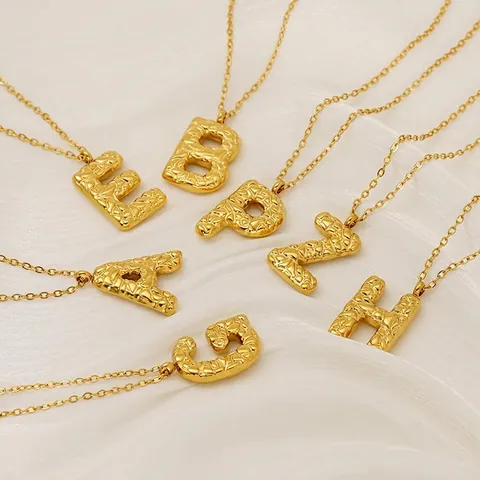 18K Gold Plated Stainless Steel Initial Letter Pendant Necklace Lava Hammered Texture Personalized Jewelry For Women