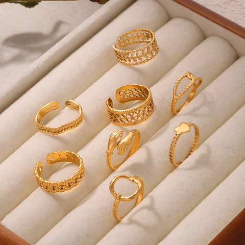 Hugging Hands Heart Leaf Stainless Steel Rings Gold Plated Open Adjustable Fashion Jewelry For Women