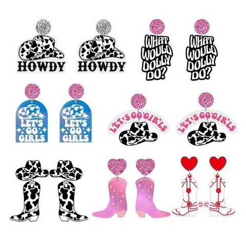Western Cowboy Stiefel Hut Kuh Print Brief Acryl Ohrringe Mit Kunststoff Ohrstecker Rosa Glitzer Schmuck Für Damen