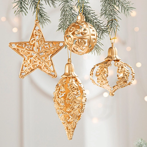 Christmas Tree Hanging Ornaments Gold Hollow Carved Plastic Baubles Star Ball For Holiday Party Decor Baroque Style