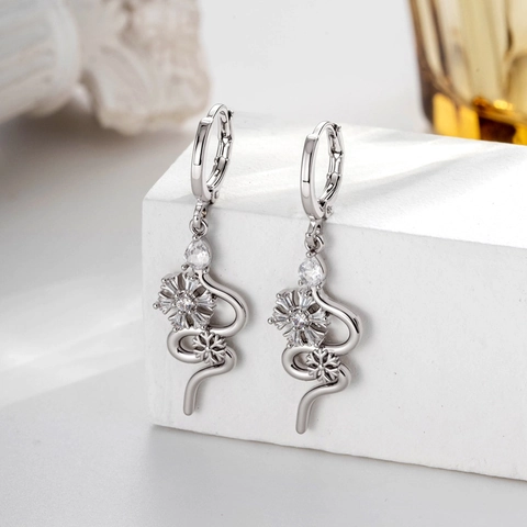 Snake Dangle Hoop Earrings Silver Color Copper Cubic Zirconia Snowflake Piercing Jewelry For Women Men Chic Punk Style