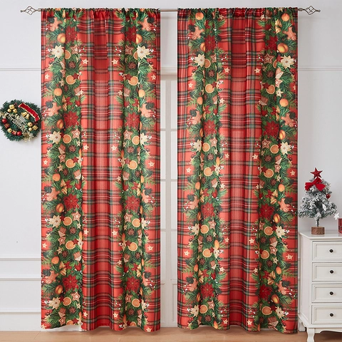 Christmas Curtains For Living Room Bedroom Polyester Plaid Printed Window Drapes Festive Red Plaid Reindeer Santa Decor