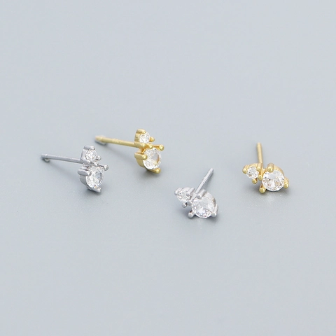 925 Sterling Silver Stud Earrings With Double Round Zircon Minimalist Shiny Jewelry For Women Elegant Simple Style