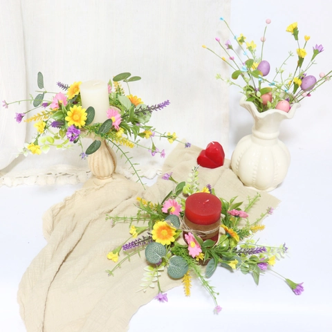 Artificial Flower Wreath Candle Ring Daisy Eucalyptus Spring Wedding Table Decor Rural Style Polyester Plastic