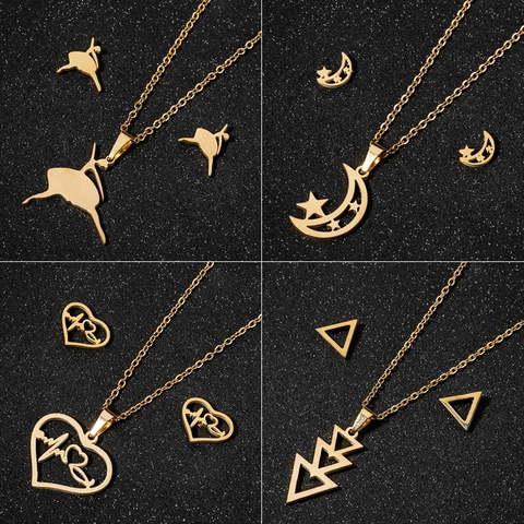Collar Y Pendientes De Acero Inoxidable Para Mujer Minimalista Latido Del Corazón ECG Estrella Luna Triángulo Joyas