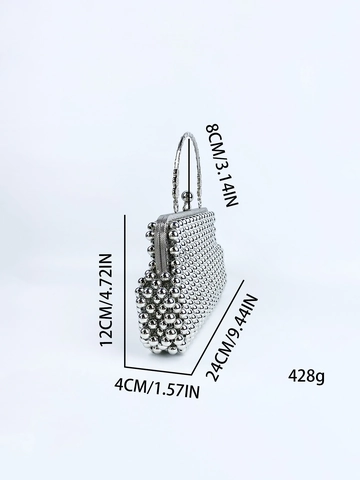 Silver Beaded Evening Handbag Shell Shape Metal Handle Clutch For Women Wedding Party Banquet Vintage Elegant