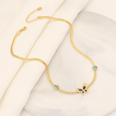 Schmetterling Halskette Armband Und Ohrringe Edelstahl Türkis Inlay Flache Schlangenkette Mode Schmuck Elegante Accessoires Für Damen