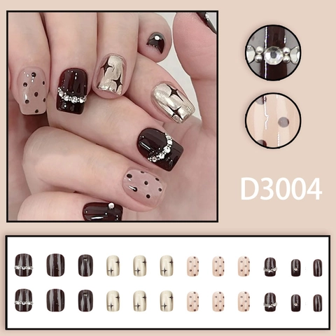 Press On Nails Short Square Round Elegant Cat Eye Mirror Powder Rhinestone Faux Artificial Pearl Star Dot Pattern Chic Manicure