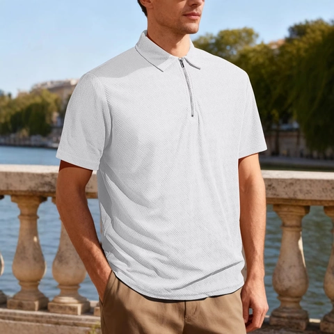 Polo De Hombre Media Cremallera Manga Corta Textura Gofre Casual Slim Fit Camiseta Poliéster
