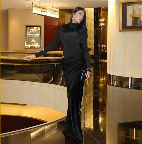 Sexy Black Long Sleeve Mock Neck Maxi Dress With Waist Cutout Bodycon High Waist Draped Evening Party Wear For Women