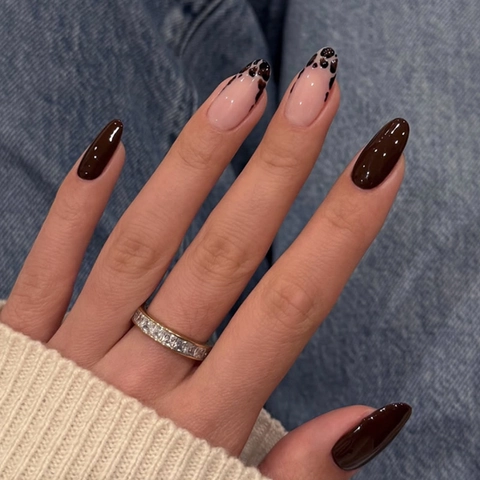 French Leopard Print Almond Press On Nails Brown Solid Artificial Glossy Fake Nails For Women Manicure