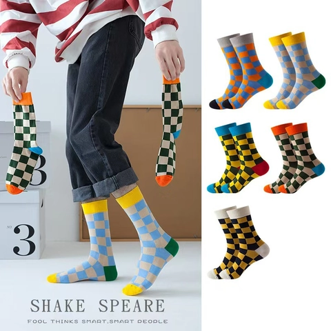 Baumwolle Schachbrettmuster Crew Socken Retro Karo Color Block Atmungsaktiv Streetwear Hip Hop Mode Für Damen Herren