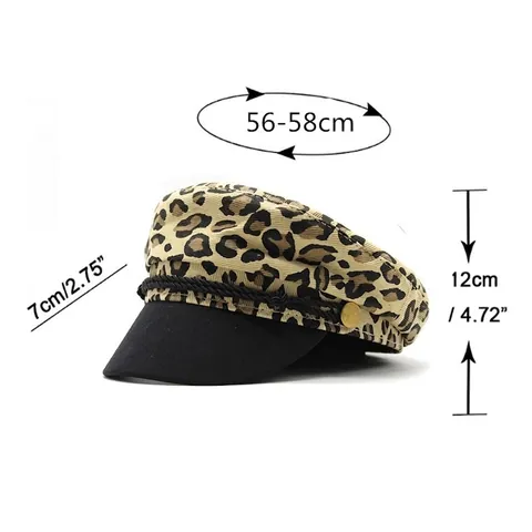 Cappello Newsboy Stampa Leopardata Donna Cotone Poliestere Baker Boy Visiera Nera Corda Intrecciata Bottone Metallo Vintage