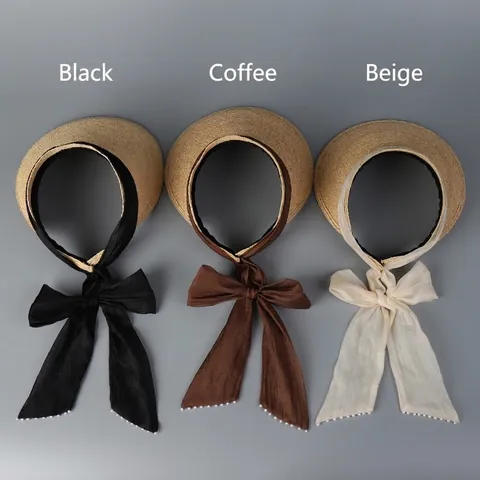 Visiera In Paglia Di Raffia Per Donne Grande Fiocco In Nastro Perla Artificial Elegante Estate Spiaggia Vacanze Protezione UV Viaggio