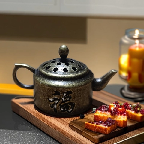 Vintage Alloy Teapot Incense Burner Mini Portable Hollow Carved Fu Character Censer Home Tea Room Zen Decor Antique Bronze