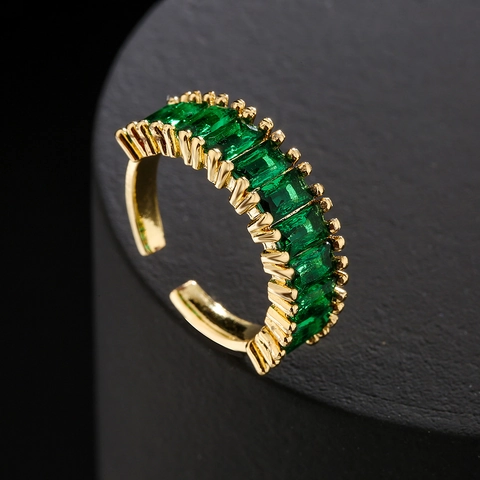 Anillo Abierto Ajustable Cobre Chapado En Oro 18K Circón Verde Esmeralda Geométrico Micro Pavé Joyería De Moda Mujer