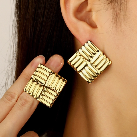 Geometric Square Stud Earrings 304 Stainless Steel French Vintage Textured Braided Pattern Light Luxury Retro For Women