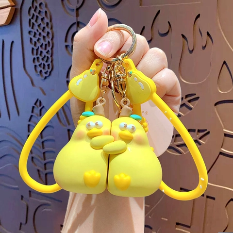 Portachiavi Cartone Animato Anatra Pera Abbraccio Silicone Carino Ciondolo Borsa Per Coppie Magnetico Gancio Metallo