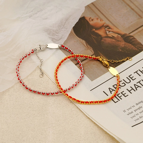 Pulsera De Cuerda Roja Acero Inoxidable Cuentas Chapado En Oro Ajustable Suerte Hecho A Mano Joyería Unisex