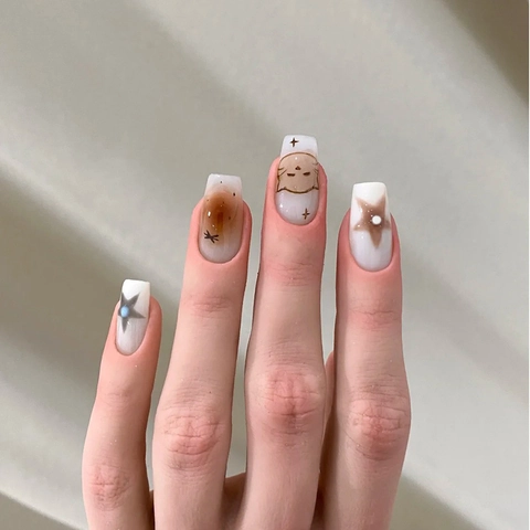 Cute Cartoon Cat Star Press On Nails Short Square Brown Gradient Glossy False Nails For Women Girls Sweet Style