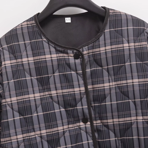 Damen Kariert Gesteppte Baumwolljacke Rundhalsausschnitt Einreihig Lässig Warmer Mantel Große Taschen Herbst Winter