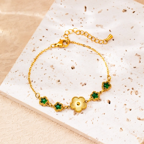 Stainless Steel Gold Plated Bracelet For Women Zircon Emerald Five Leaf Flower Heart Star Charms Adjustable Layered Jewelry
