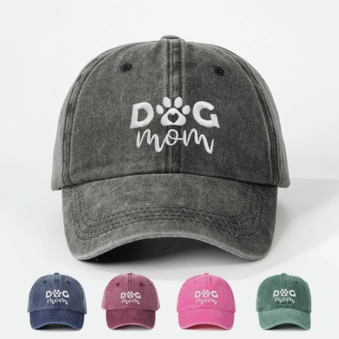 Washed Cotton Baseball Cap Retro Embroidered Dog Mom Paw Print Adjustable Curved Brim Casual Sun Hat For Women
