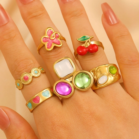 Vintage Edelstahl Offener Ring Für Damen Gold Vergoldet Emaille Herz Blumen Geometrisch Strass Verstellbarer Fingerschmuck