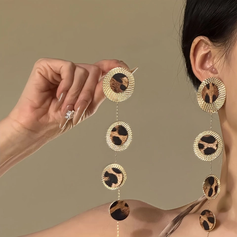 Leopard Print Hänger Ohrringe Leder Legierung Rund Geometrisch Statement Lange Schmuck Mit Edelstahl Ohrstecker Für Damen