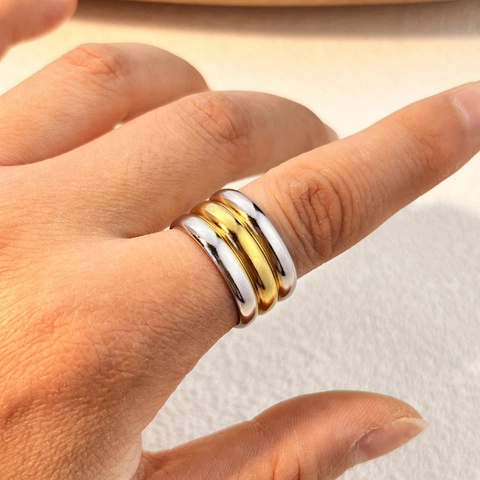 Anello Aperto a Triplo Strato in Acciaio Inossidabile Retro per Uomo Donna Placcato Oro 18K Impermeabile Regolabile