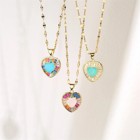 Colorful Heart Pendant Necklace Copper Micro Pave Cubic Zirconia Sweet Fashion Jewelry For Women Elegant Clavicle Chain