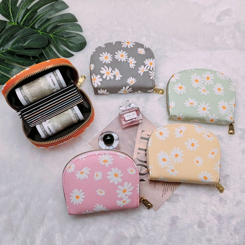 Daisy Print Coin Purse PU Leather Multi Card Slot Zipper Wallet Mini Small Fresh Style For Women