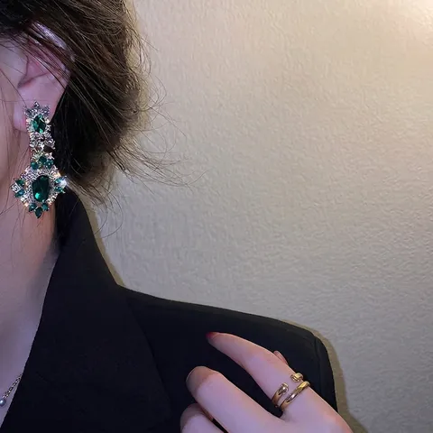 Emerald Green Rhinestone Drop Earrings Vintage Baroque Luxury Alloy With 925 Sterling Silver Earring Post For Women